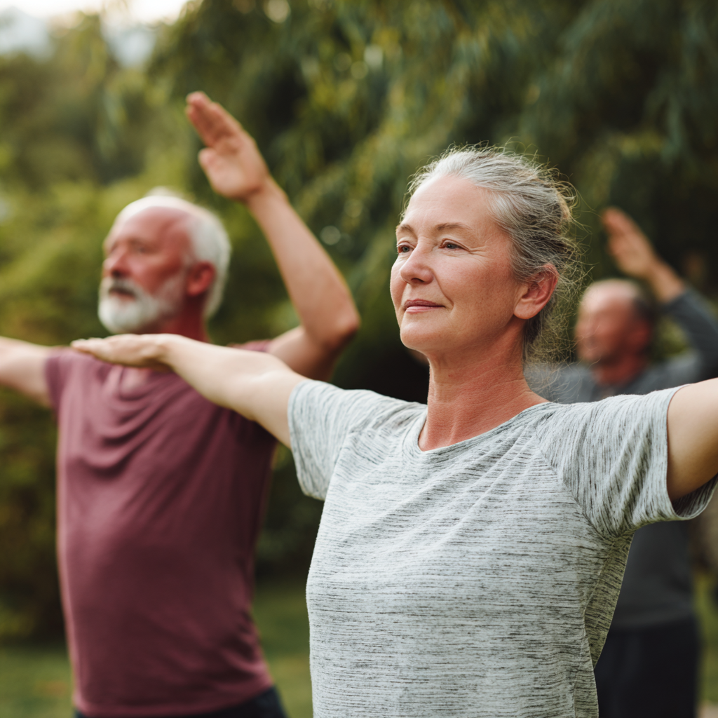 Middle-aged adults practicing gentle mobility exercises in natural environment